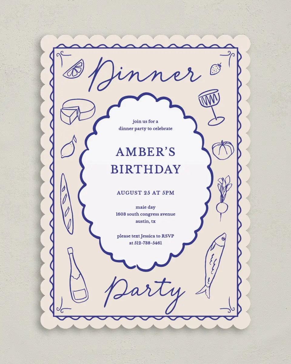 This is a 5" x 7" Birthday Party Invitation called Dinner Party printed in full color on Premium Smooth paper