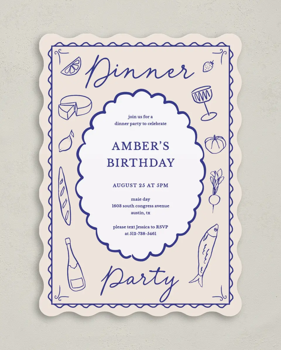 This is a 5" x 7" Birthday Party Invitation called Dinner Party printed in full color on Premium Smooth paper