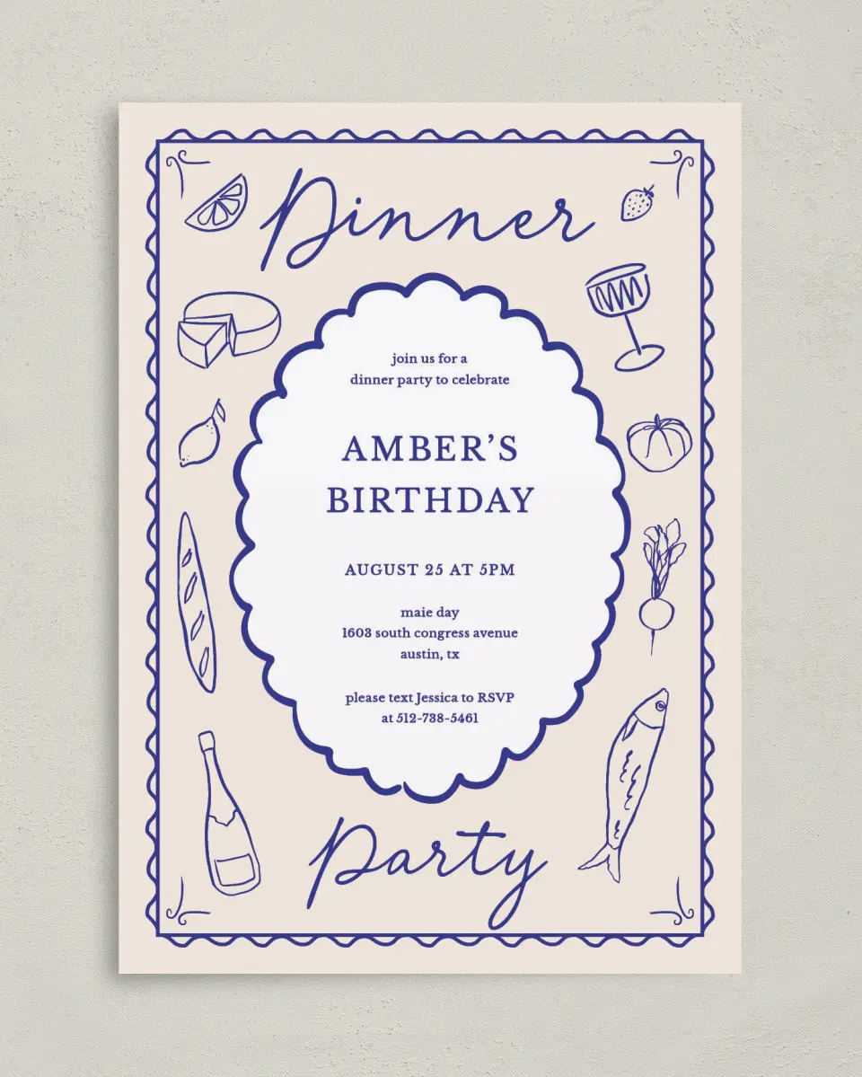 This is a 5" x 7" Birthday Party Invitation called Dinner Party printed in full color on Premium Smooth paper