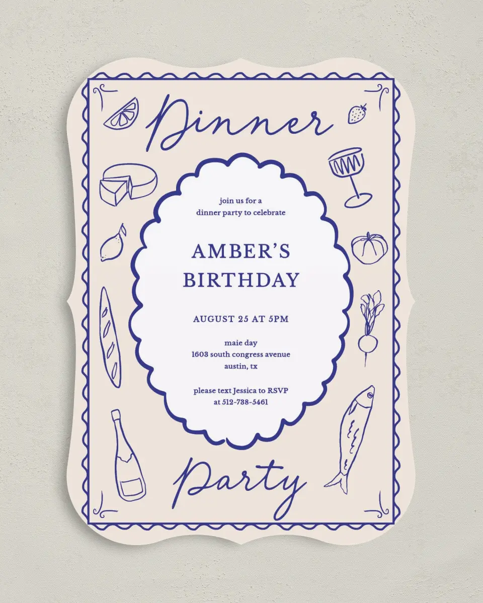 This is a 5" x 7" Birthday Party Invitation called Dinner Party printed in full color on Premium Smooth paper