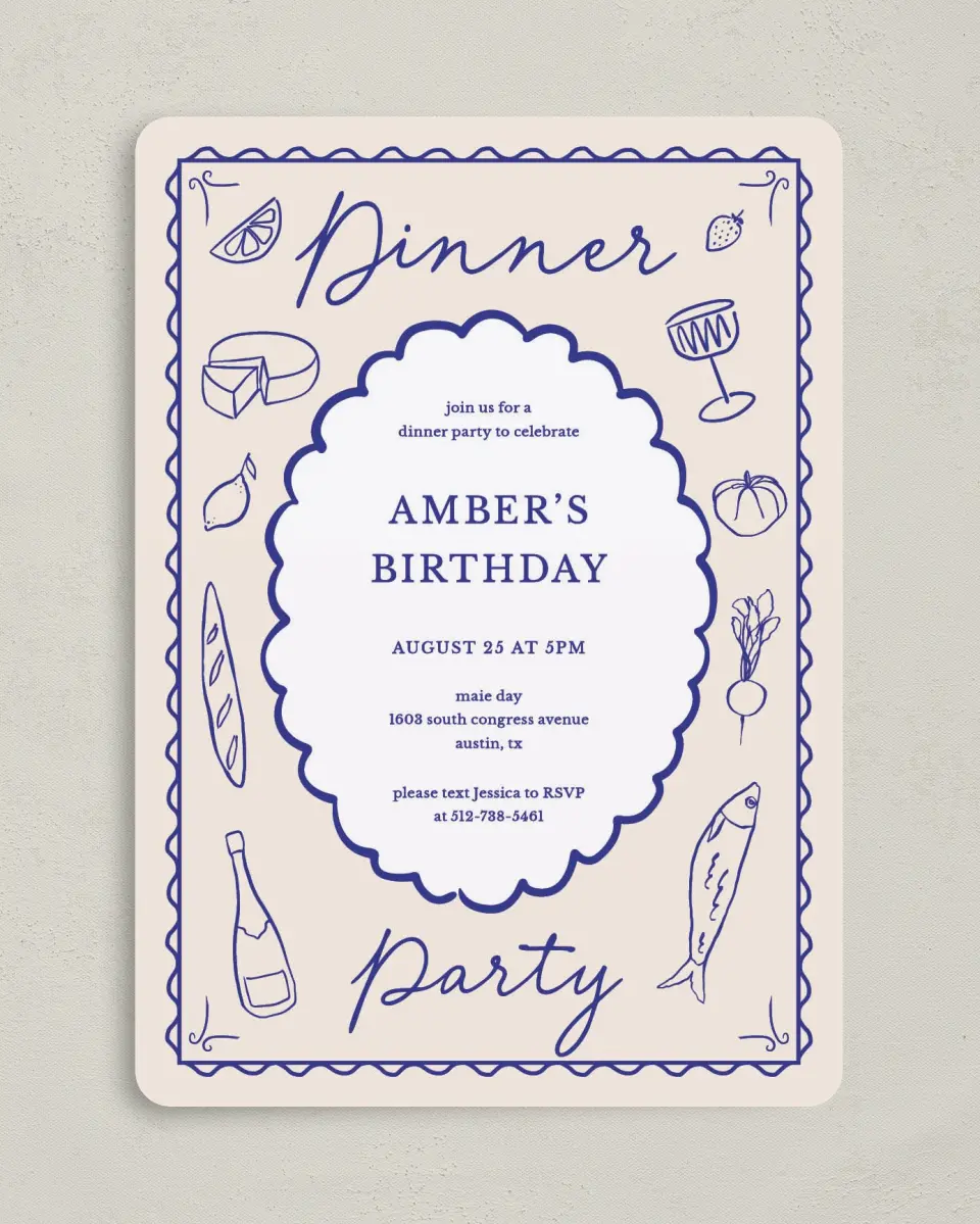 This is a 5" x 7" Birthday Party Invitation called Dinner Party printed in full color with Gold foil on Luxe Satin (coated) paper