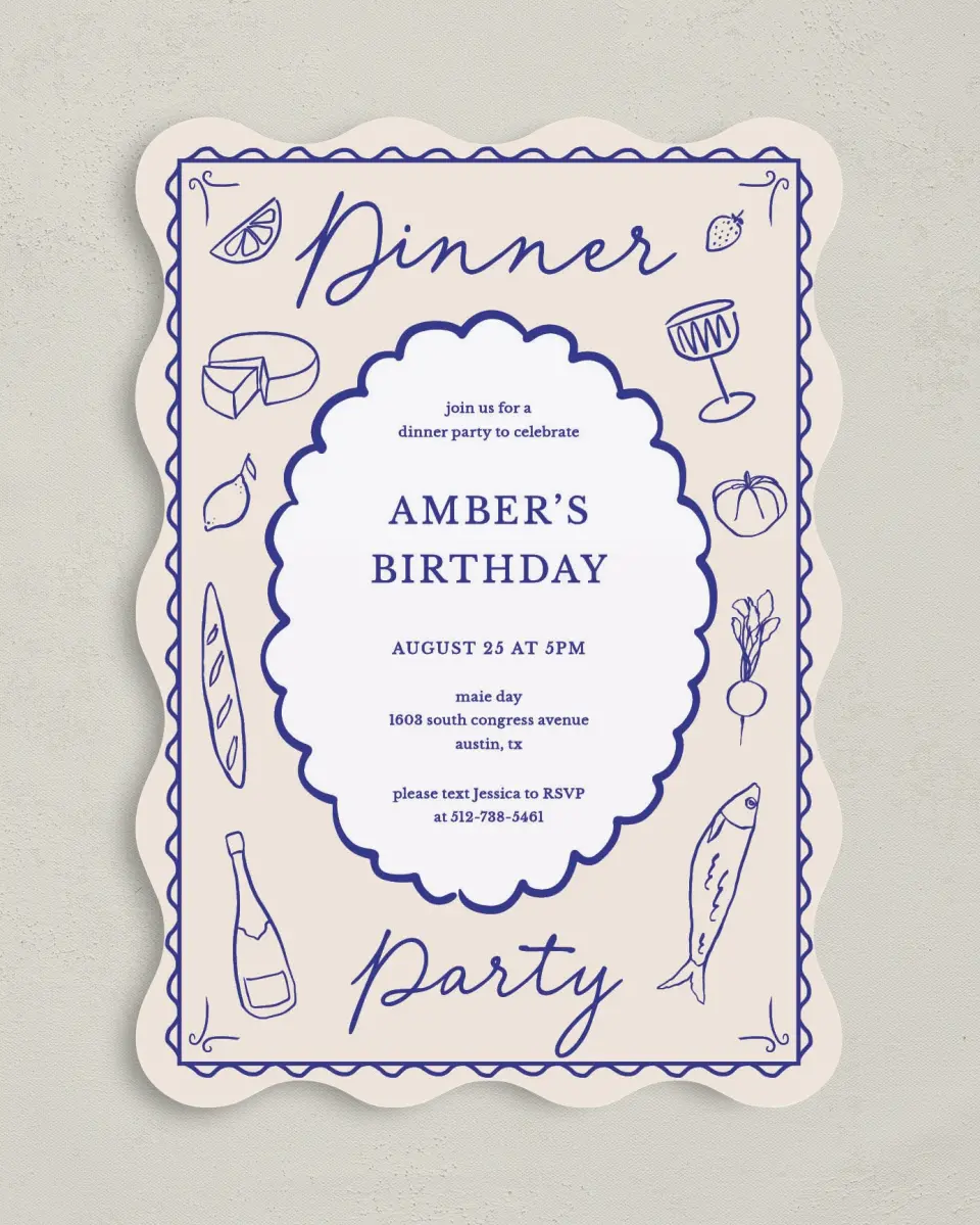 This is a 5" x 7" Birthday Party Invitation called Dinner Party printed in full color on Premium Smooth paper