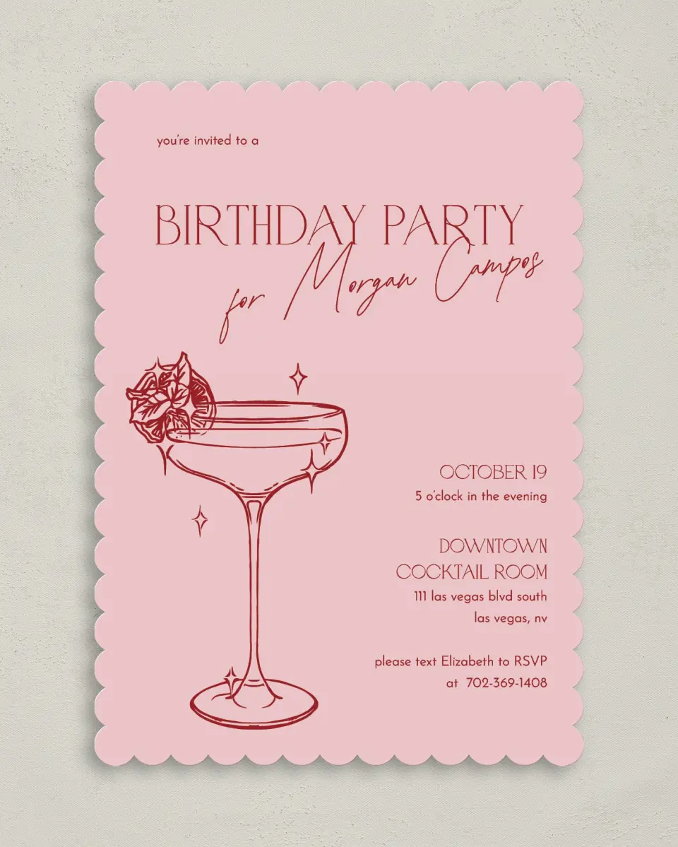 This is a 5" x 7" Birthday Party Invitation called Cocktail Hour printed in full color on Premium Smooth paper