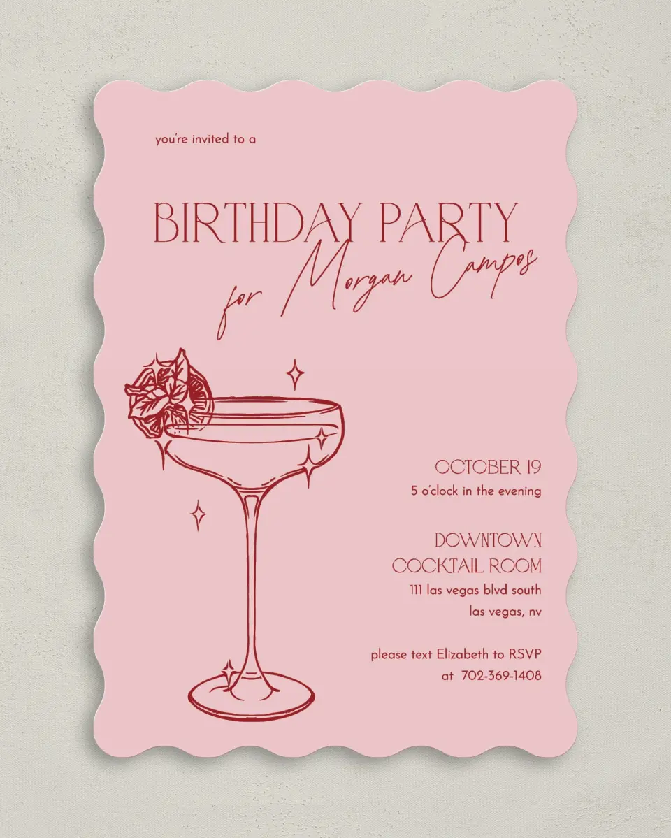 This is a 5" x 7" Birthday Party Invitation called Cocktail Hour printed in full color on Premium Smooth paper