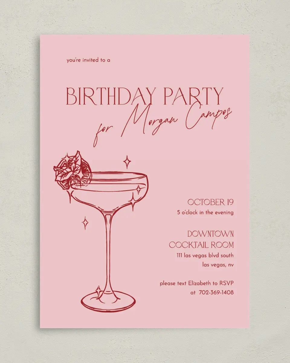 This is a 5" x 7" Birthday Party Invitation called Cocktail Hour printed in full color on Premium Smooth paper