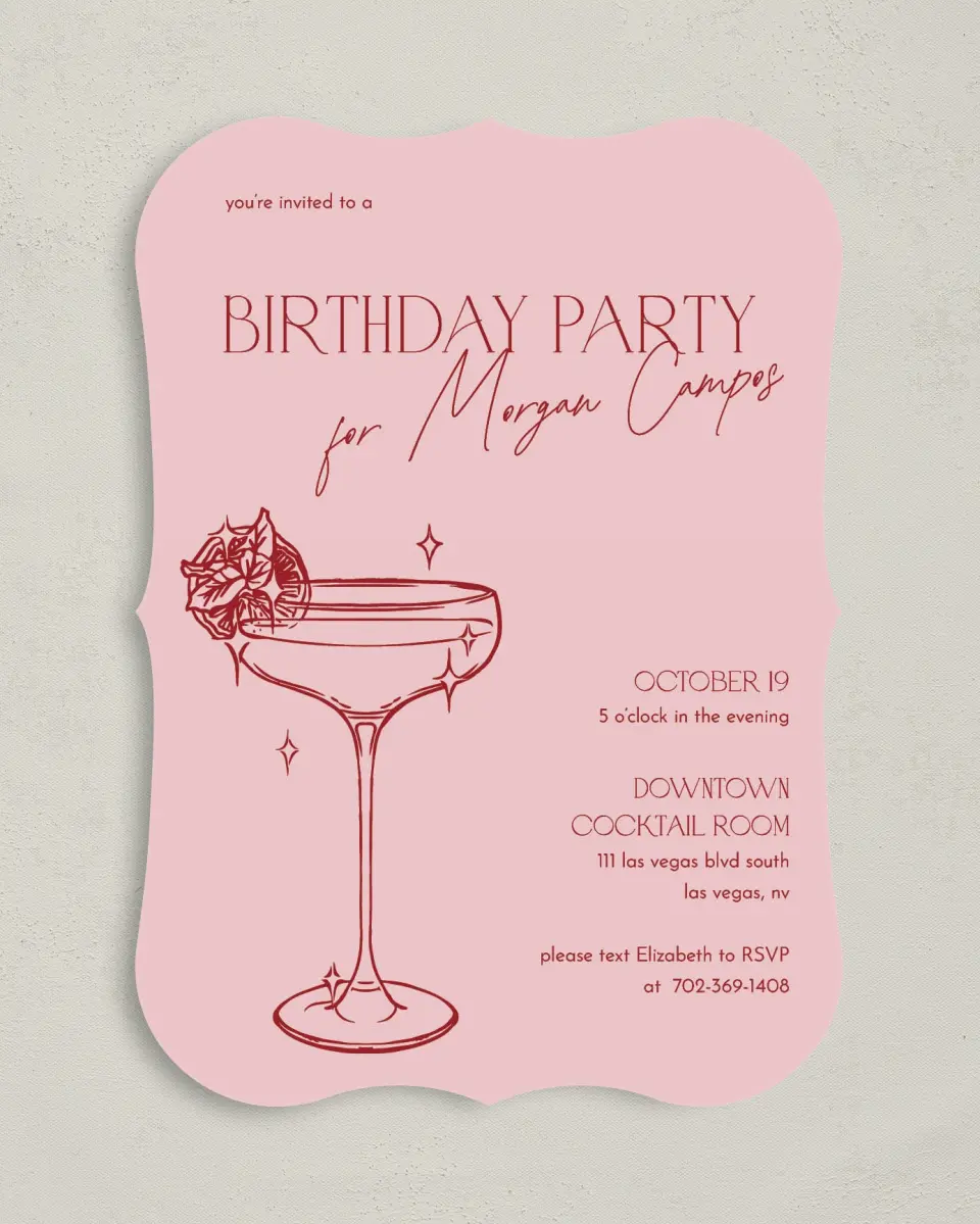 This is a 5" x 7" Birthday Party Invitation called Cocktail Hour printed in full color with Gold foil on Luxe Satin (coated) paper