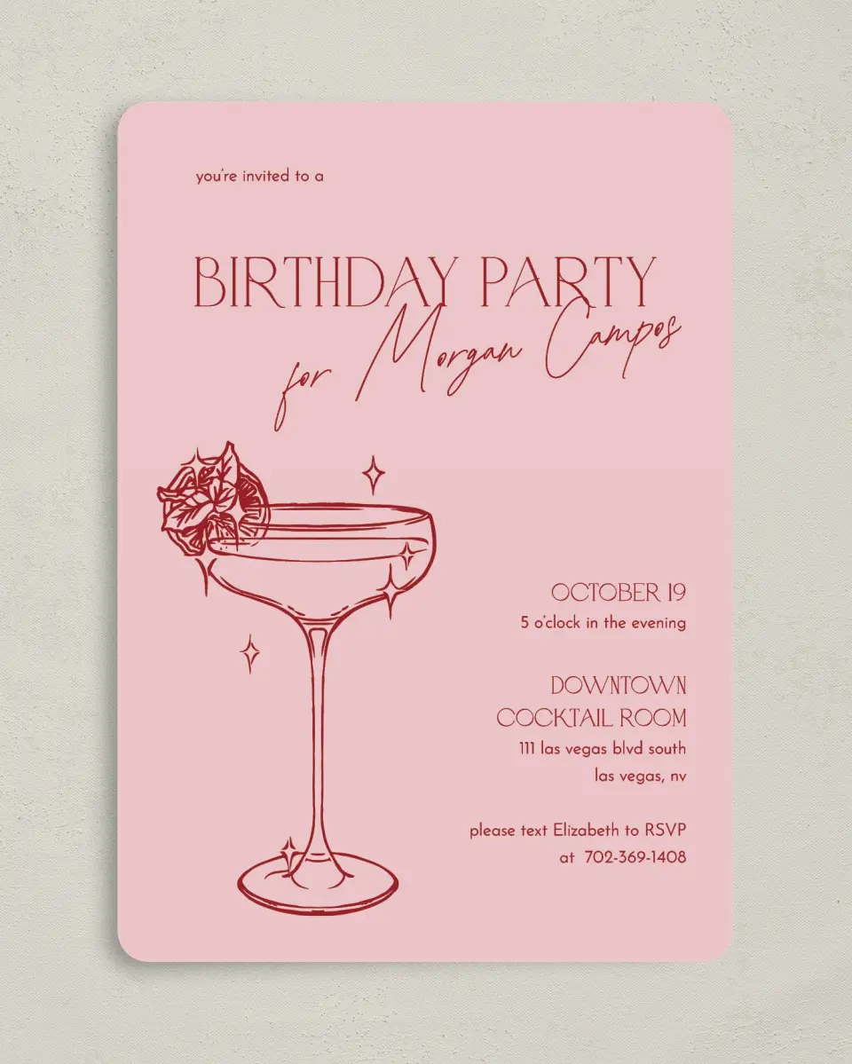 This is a 5" x 7" Birthday Party Invitation called Cocktail Hour printed in full color with Gold foil on Luxe Satin (coated) paper