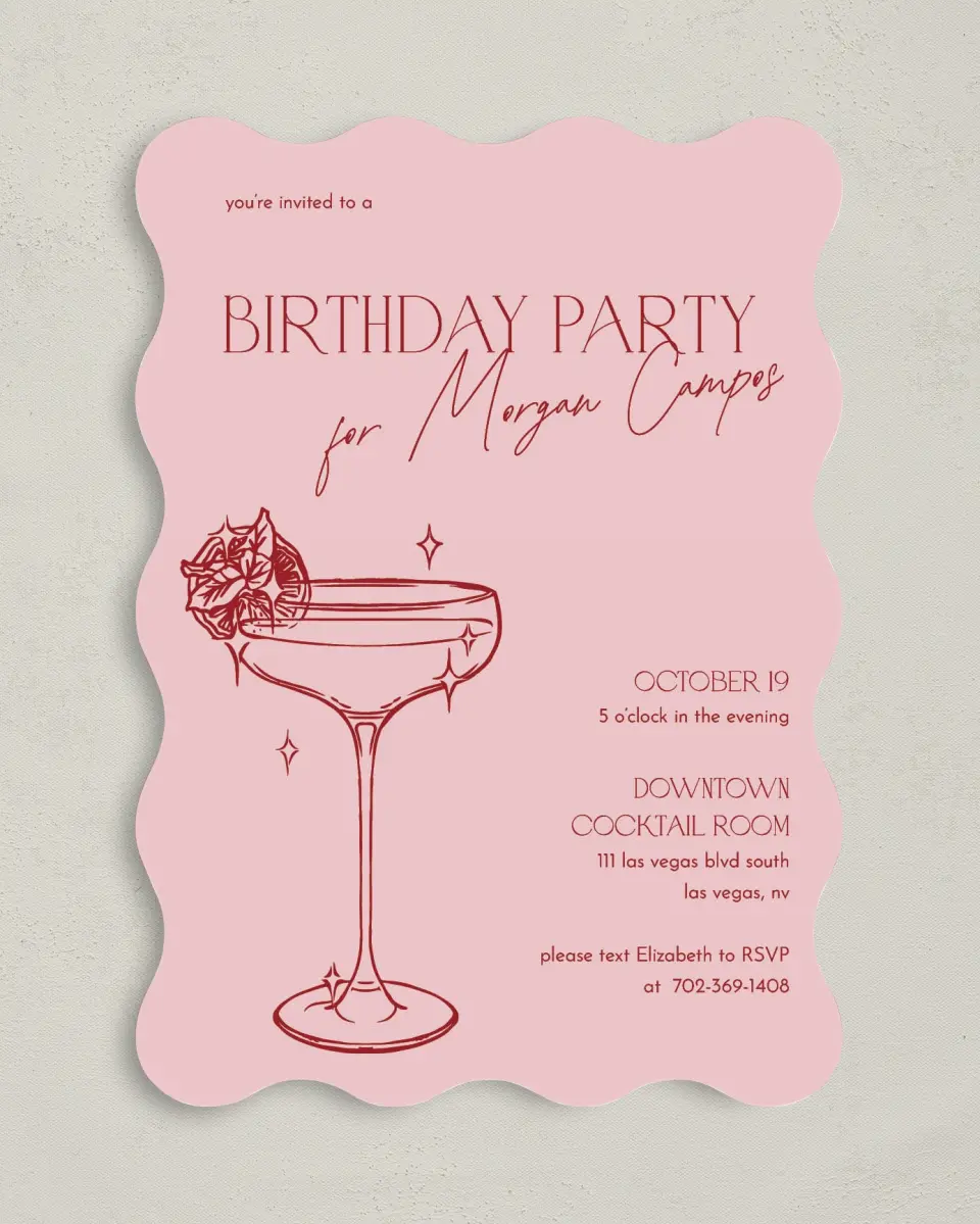 This is a 5" x 7" Birthday Party Invitation called Cocktail Hour printed in full color on Premium Smooth paper