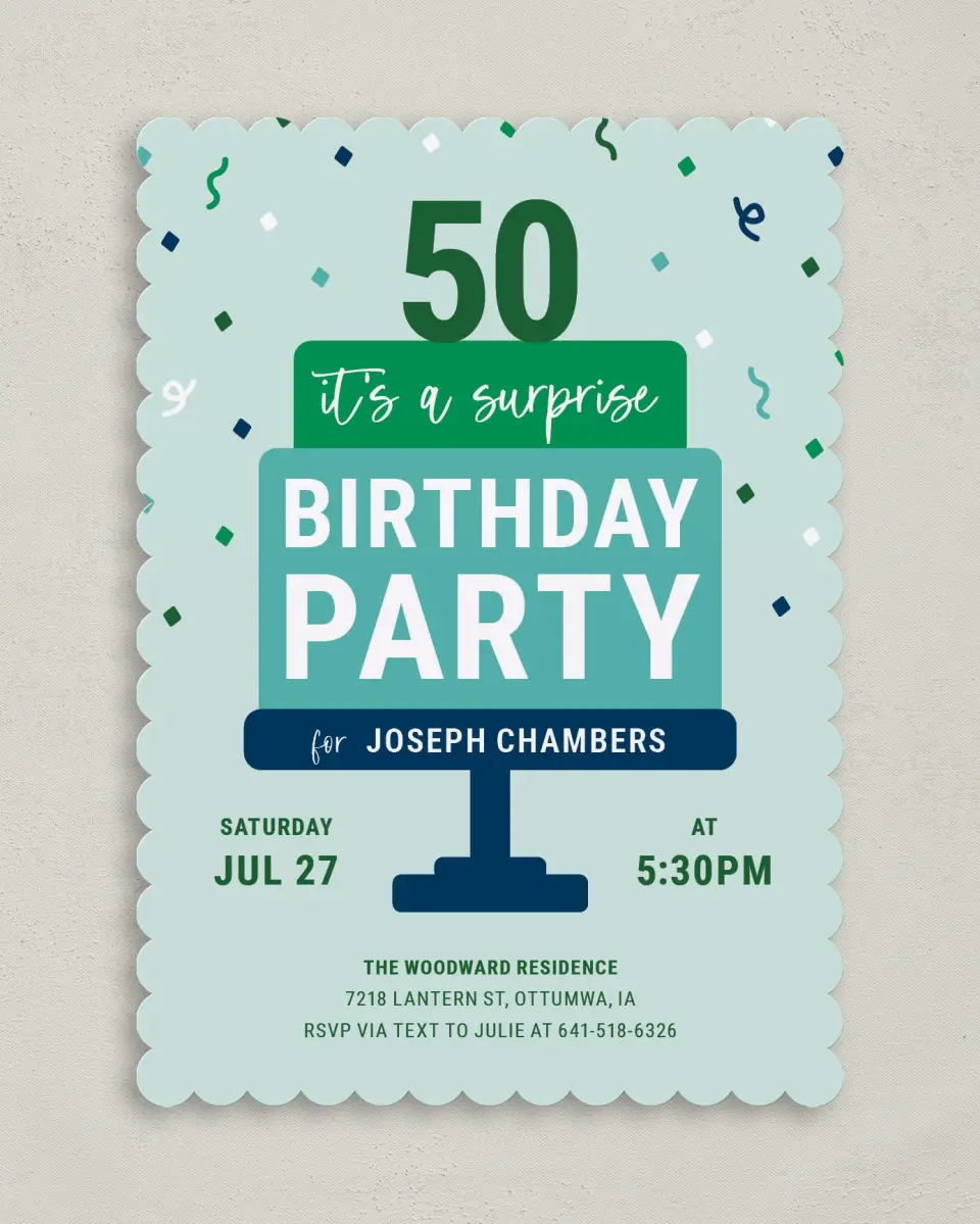 This is a 5" x 7" Birthday Party Invitation called Stacked Surprise printed in full color on Premium Smooth paper