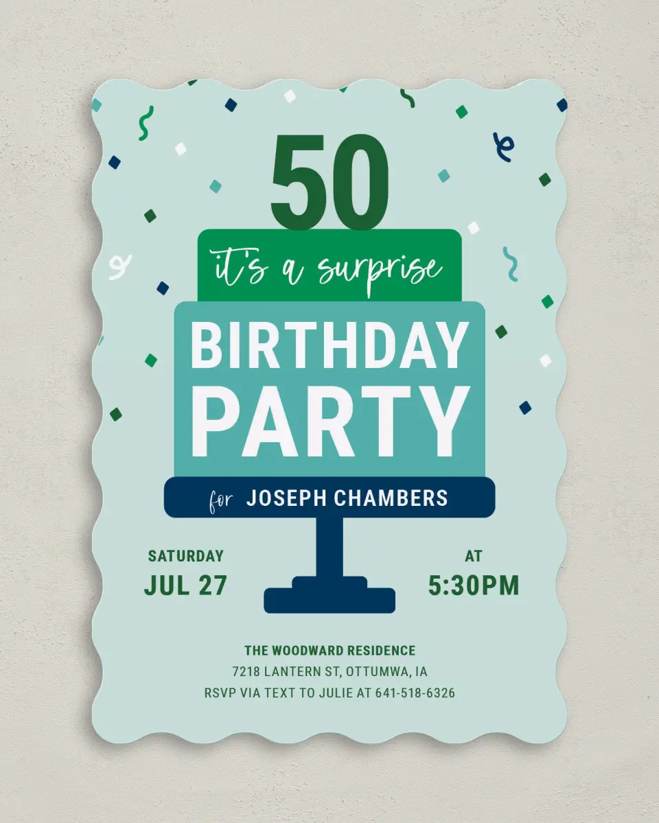This is a 5" x 7" Birthday Party Invitation called Stacked Surprise printed in full color on Premium Smooth paper