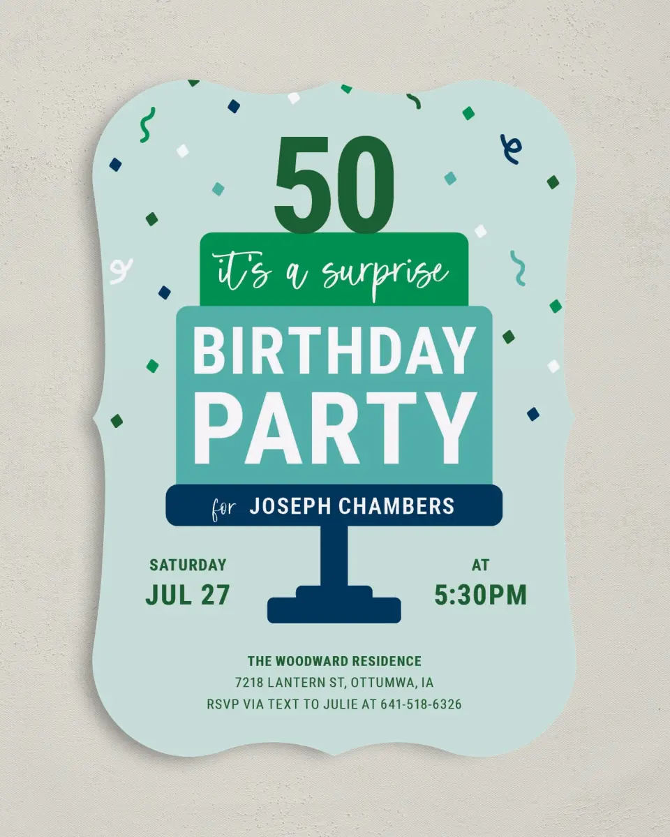 This is a 5" x 7" Birthday Party Invitation called Stacked Surprise printed in full color with Gold foil on Luxe Satin (coated) paper