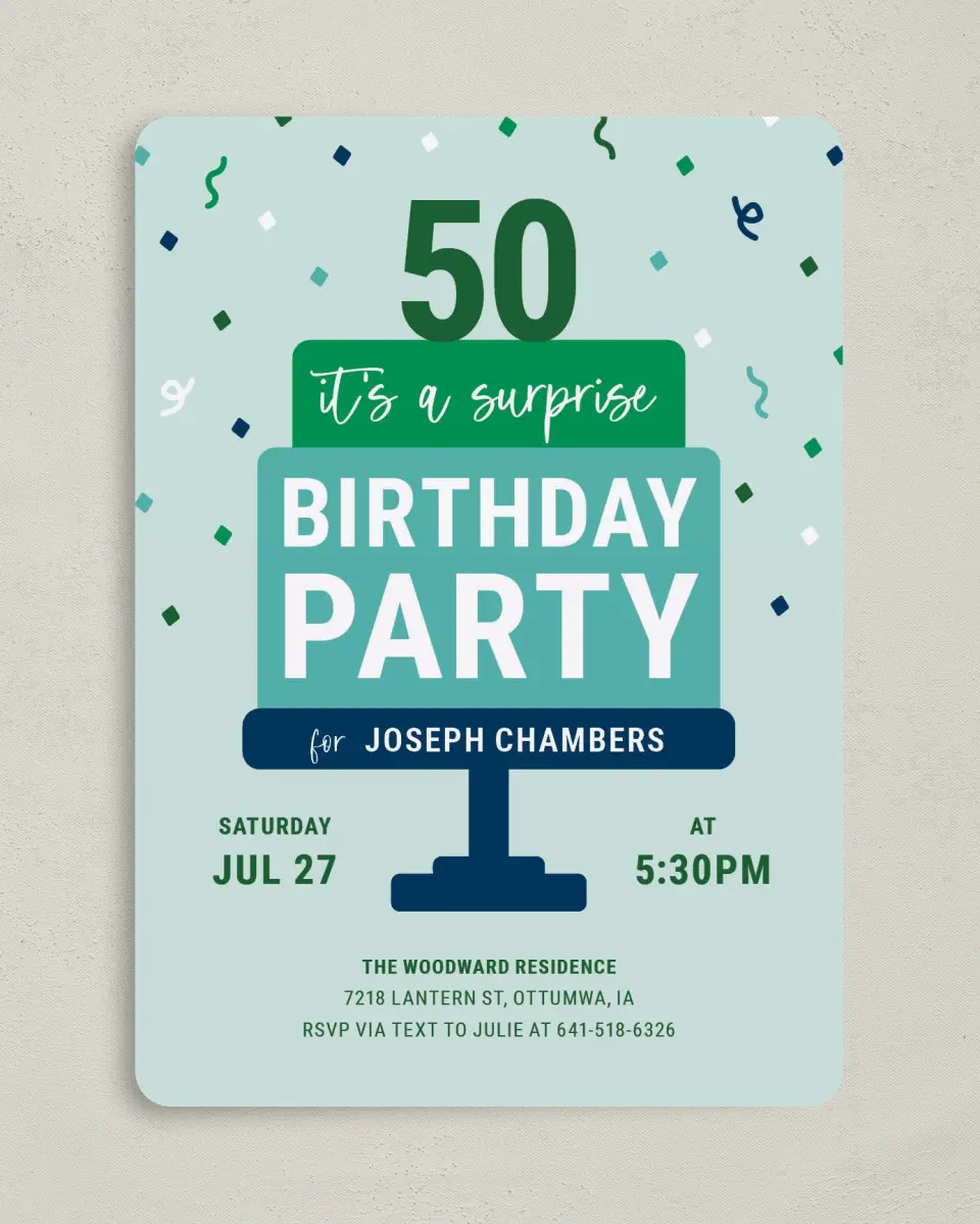 This is a 5" x 7" Birthday Party Invitation called Stacked Surprise printed in full color with Gold foil on Luxe Satin (coated) paper