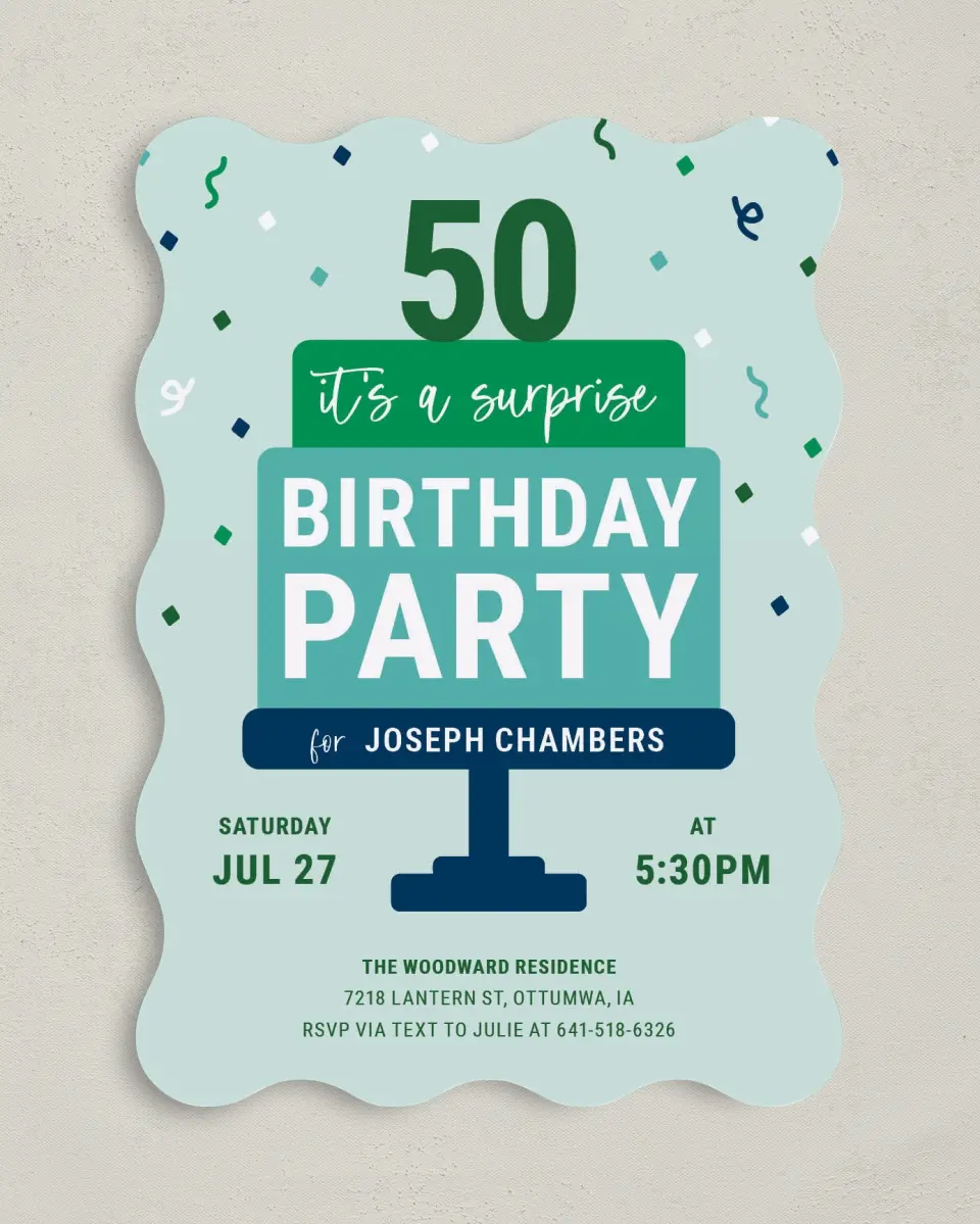 This is a 5" x 7" Birthday Party Invitation called Stacked Surprise printed in full color on Premium Smooth paper