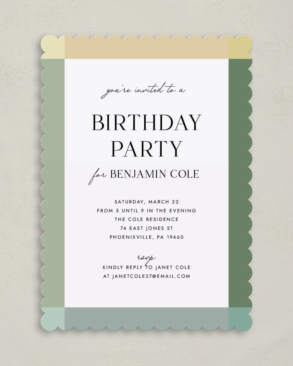 This is a 5" x 7" Birthday Party Invitation called Colorblock Celebration printed in full color on Premium Smooth paper