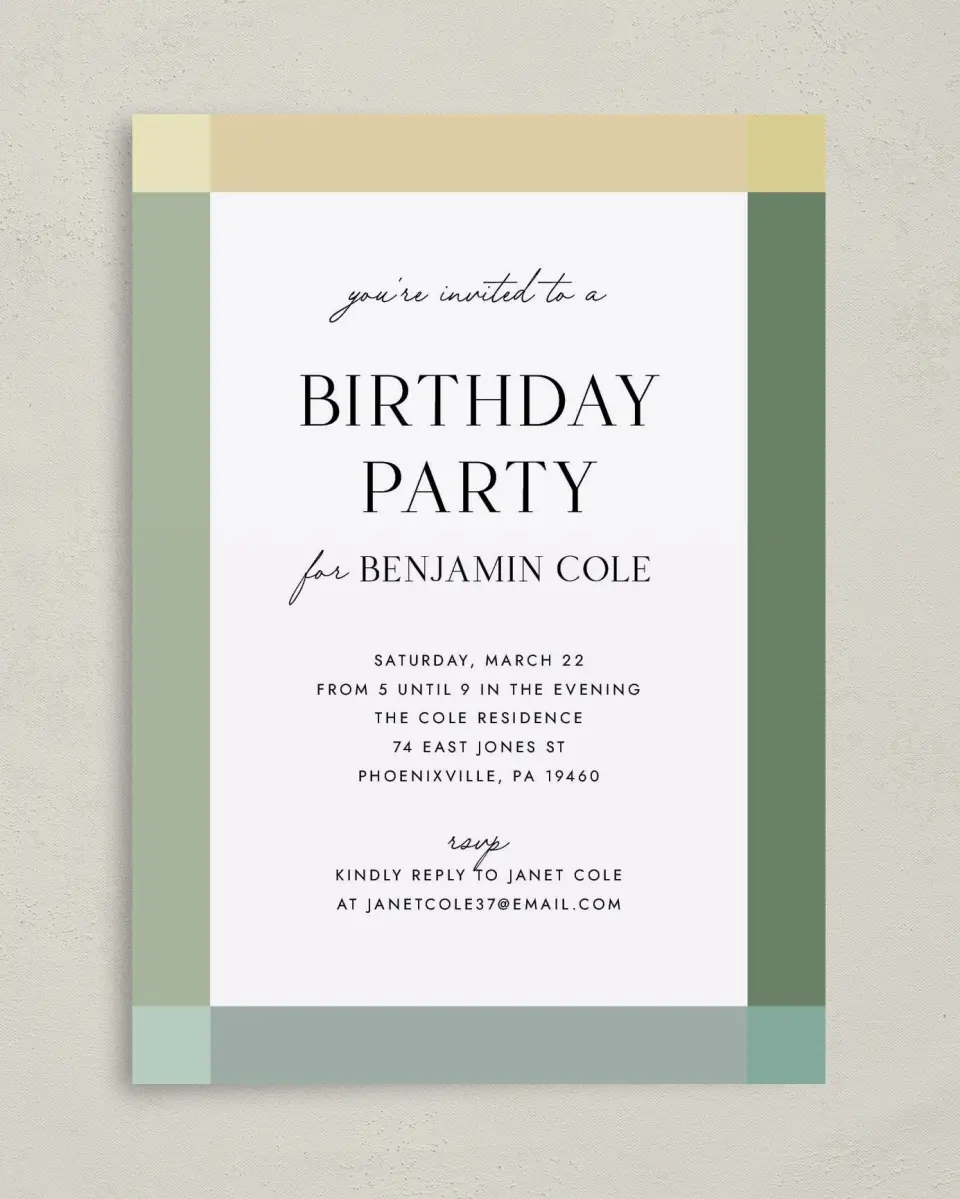 This is a 5" x 7" Birthday Party Invitation called Colorblock Celebration printed in full color on Premium Smooth paper