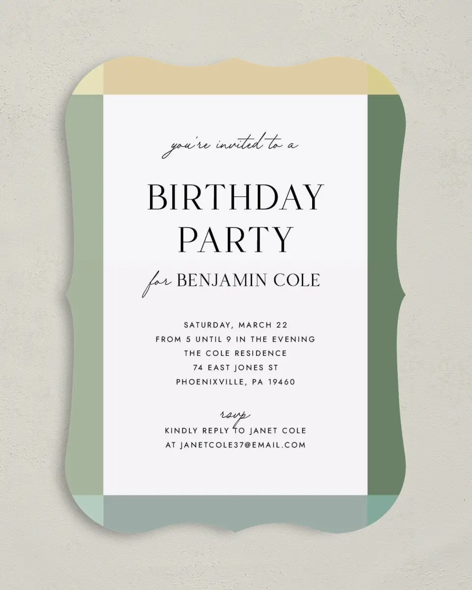 This is a 5" x 7" Birthday Party Invitation called Colorblock Celebration printed in full color with Gold foil on Luxe Satin (coated) paper