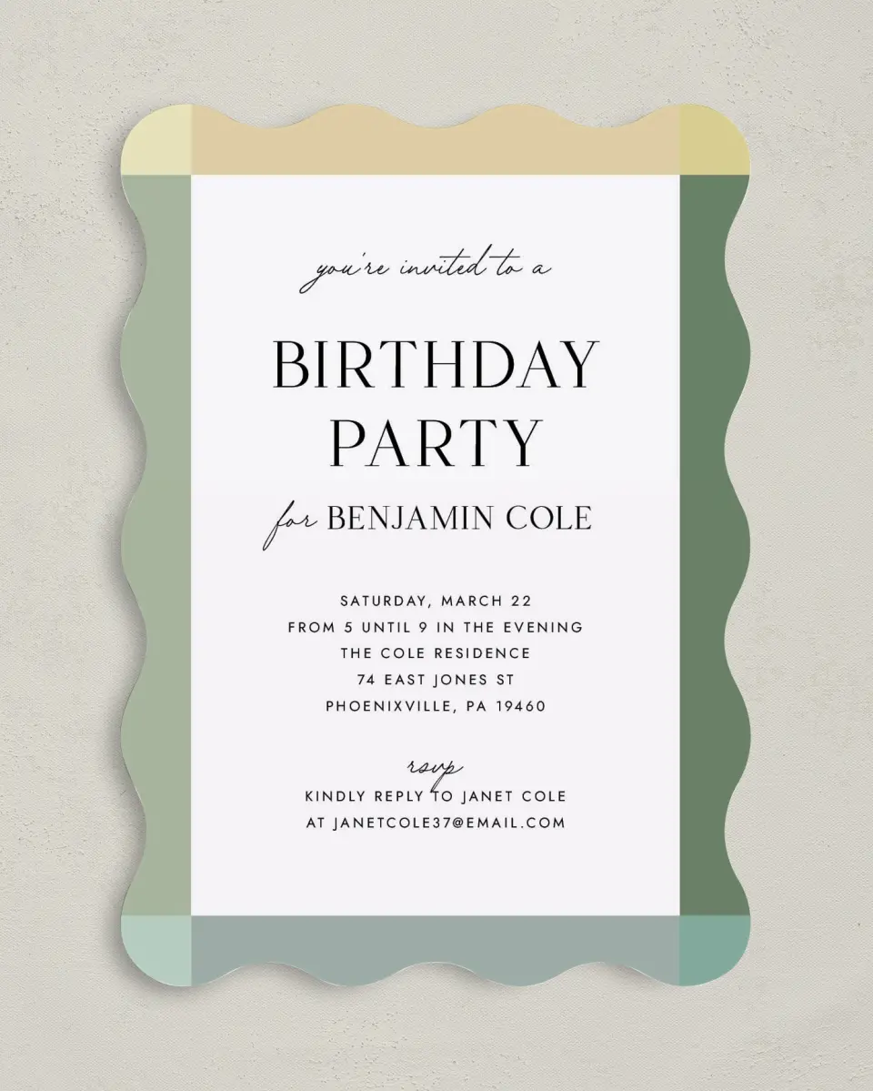 This is a 5" x 7" Birthday Party Invitation called Colorblock Celebration printed in full color on Premium Smooth paper