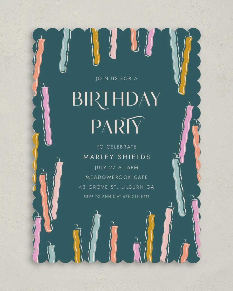 This is a 5" x 7" Birthday Party Invitation called Candle Craze printed in full color on Premium Smooth paper