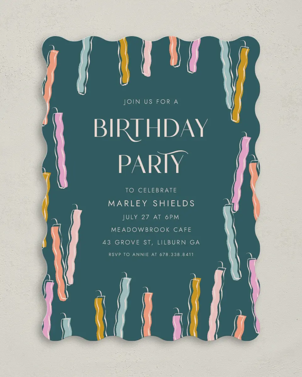 This is a 5" x 7" Birthday Party Invitation called Candle Craze printed in full color on Premium Smooth paper