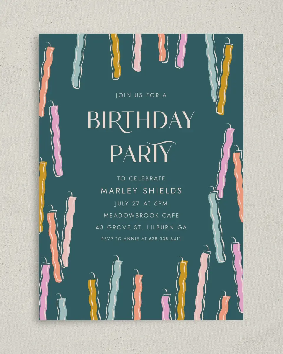 This is a 5" x 7" Birthday Party Invitation called Candle Craze printed in full color on Premium Smooth paper