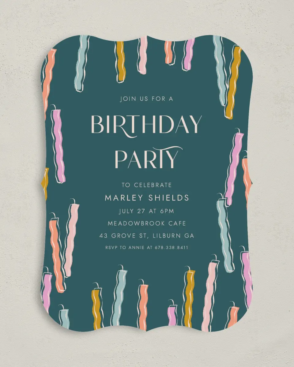 This is a 5" x 7" Birthday Party Invitation called Candle Craze printed in full color with Gold foil on Luxe Satin (coated) paper