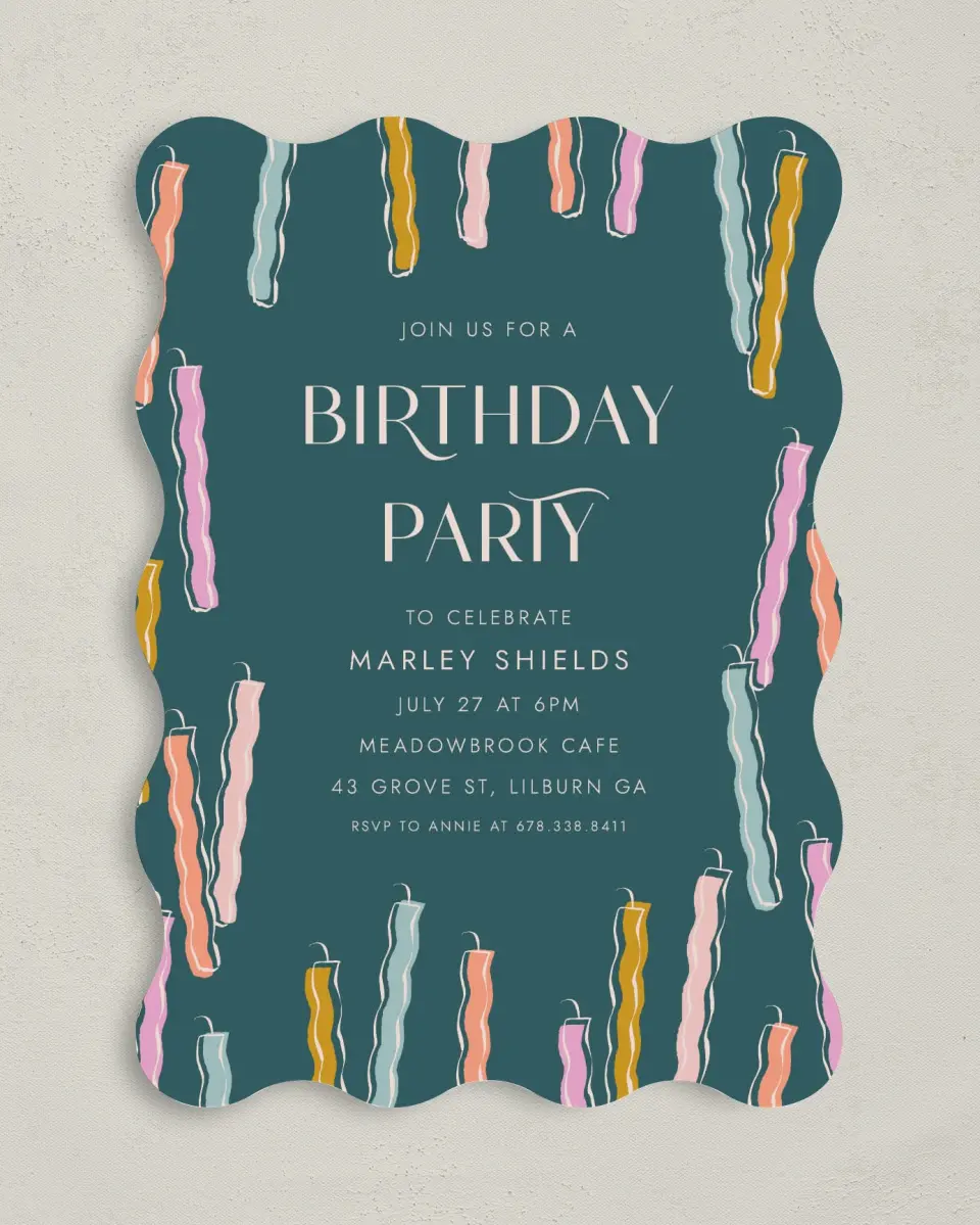 This is a 5" x 7" Birthday Party Invitation called Candle Craze printed in full color on Premium Smooth paper
