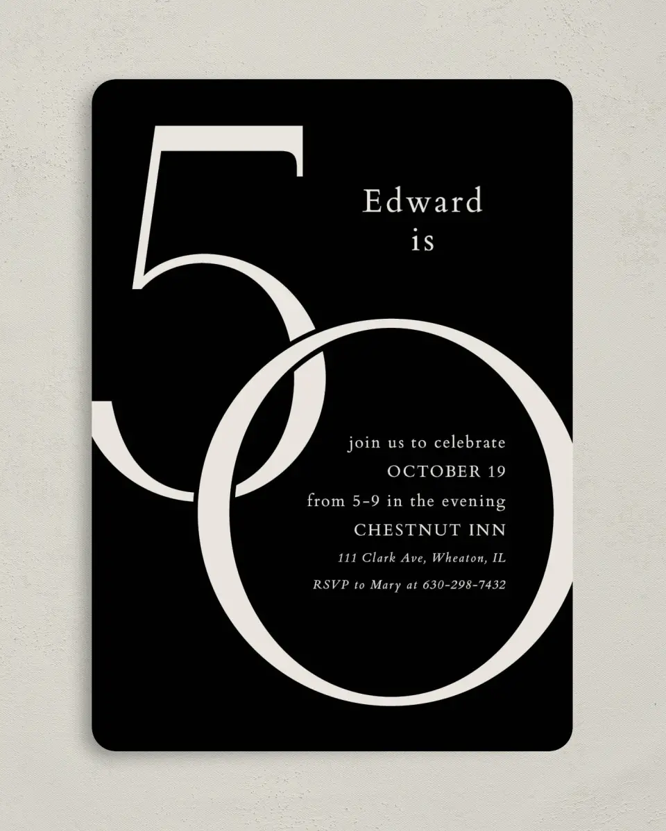This is a 5" x 7" Birthday Party Invitation called Big 50 printed in full color with Gold foil on Luxe Satin (coated) paper