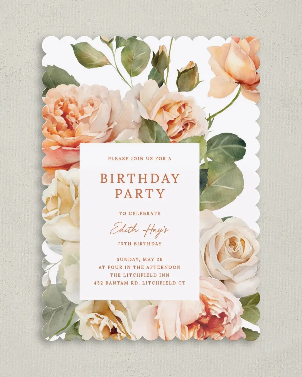 This is a 5" x 7" Birthday Party Invitation called Rose Garden printed in full color on Premium Smooth paper