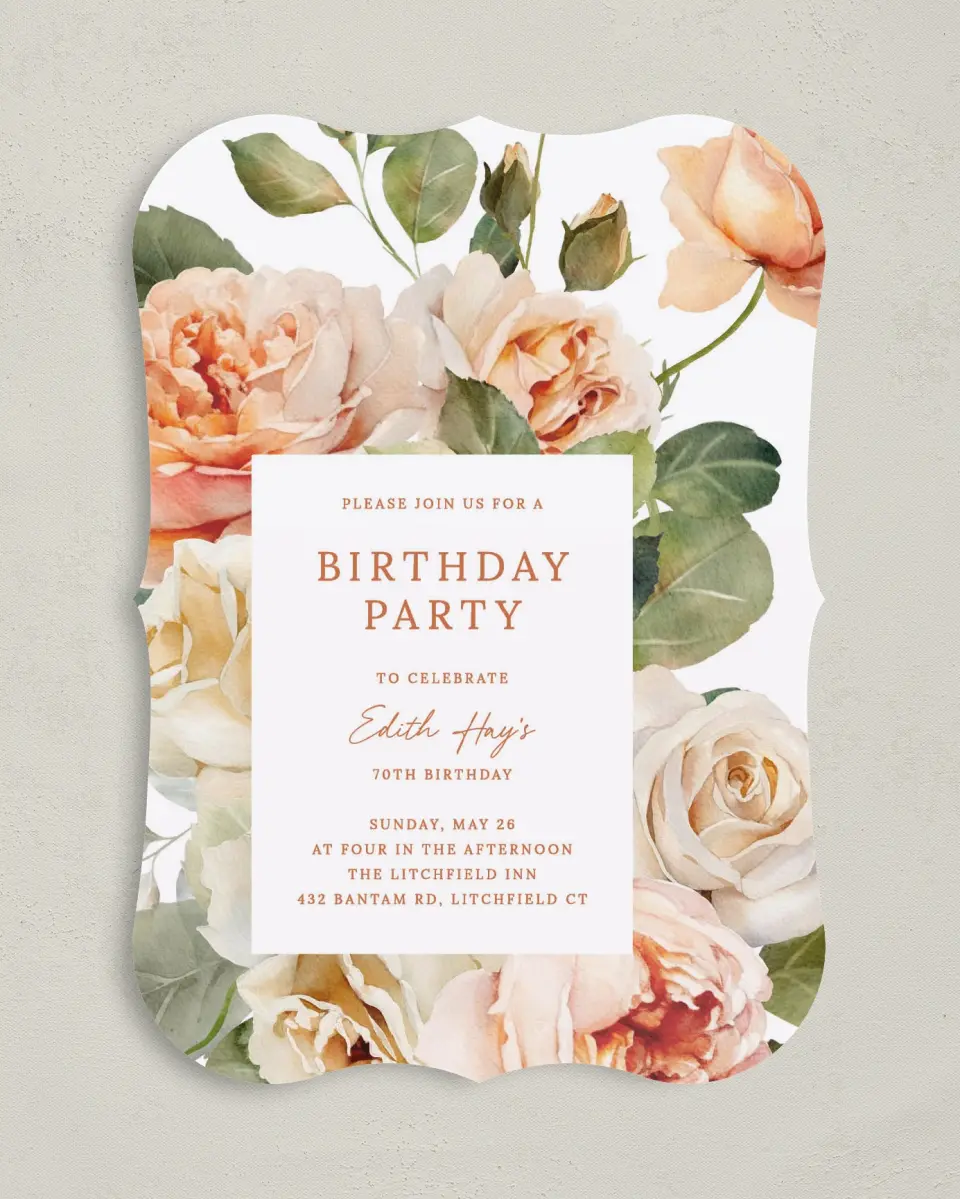 This is a 5" x 7" Birthday Party Invitation called Rose Garden printed in full color with Gold foil on Luxe Satin (coated) paper