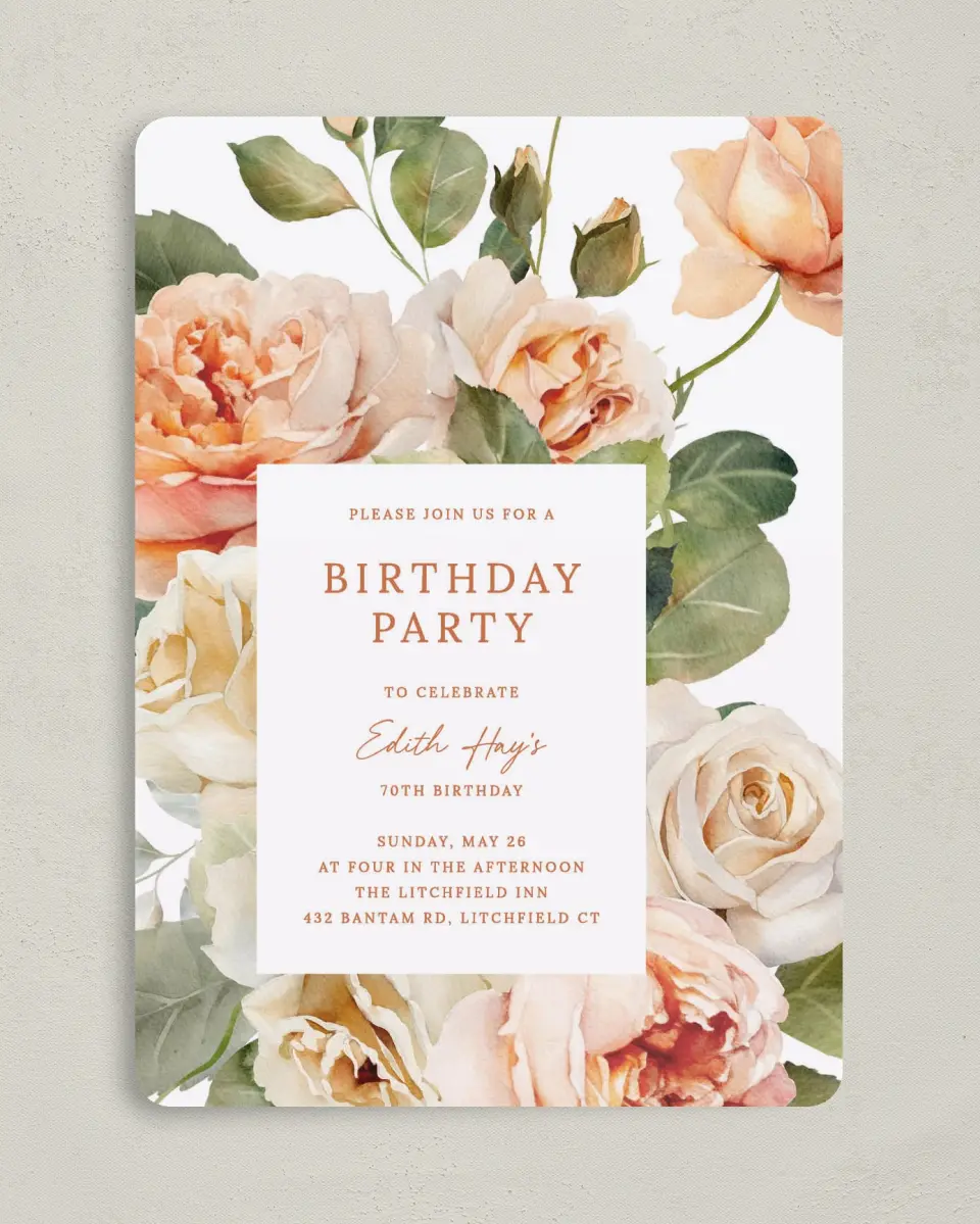 This is a 5" x 7" Birthday Party Invitation called Rose Garden printed in full color with Gold foil on Luxe Satin (coated) paper