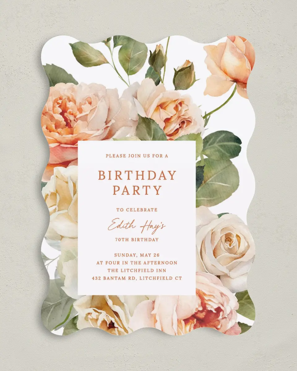 This is a 5" x 7" Birthday Party Invitation called Rose Garden printed in full color on Premium Smooth paper