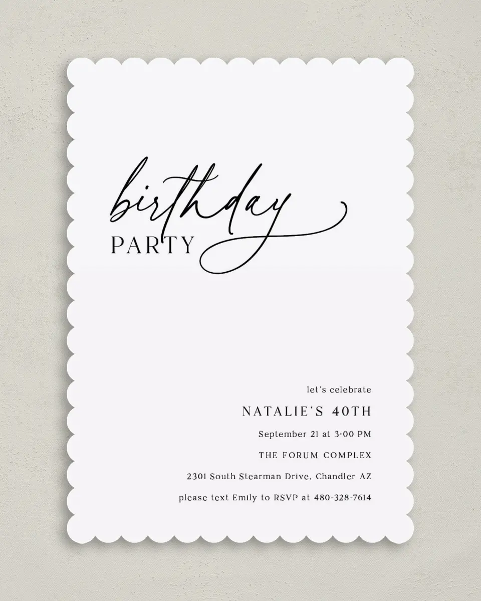 This is a 5" x 7" Birthday Party Invitation called Simply Scripted printed in full color on Premium Smooth paper