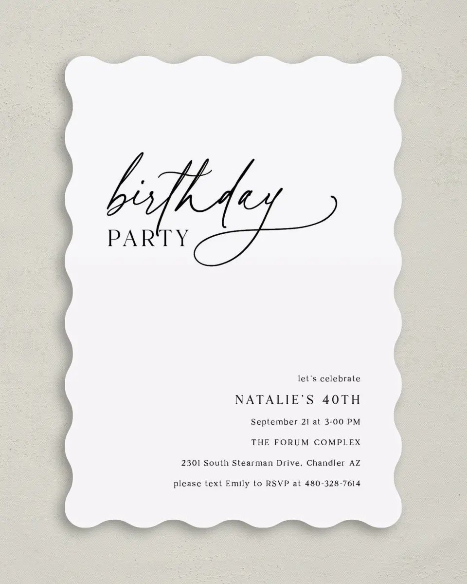 This is a 5" x 7" Birthday Party Invitation called Simply Scripted printed in full color on Premium Smooth paper