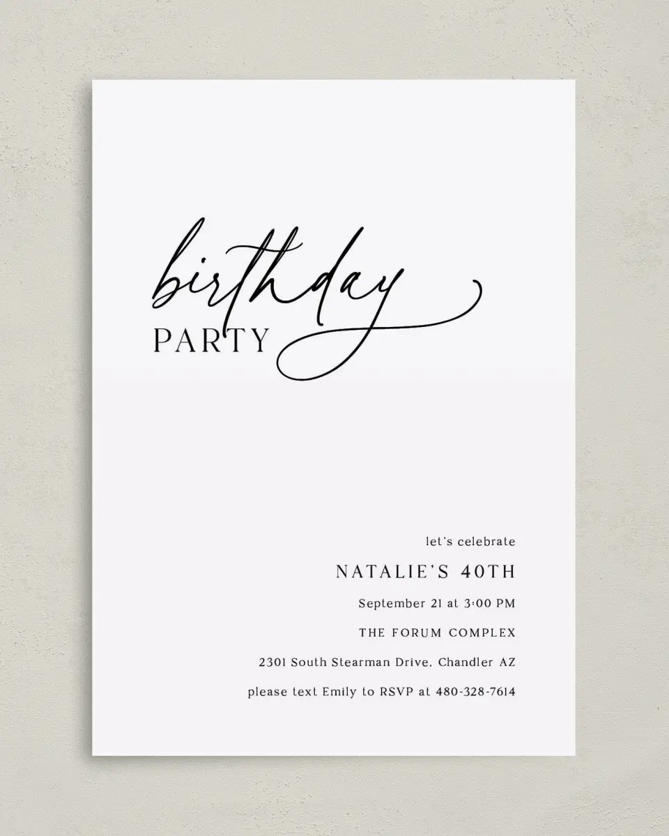 This is a 5" x 7" Birthday Party Invitation called Simply Scripted printed in full color on Premium Smooth paper