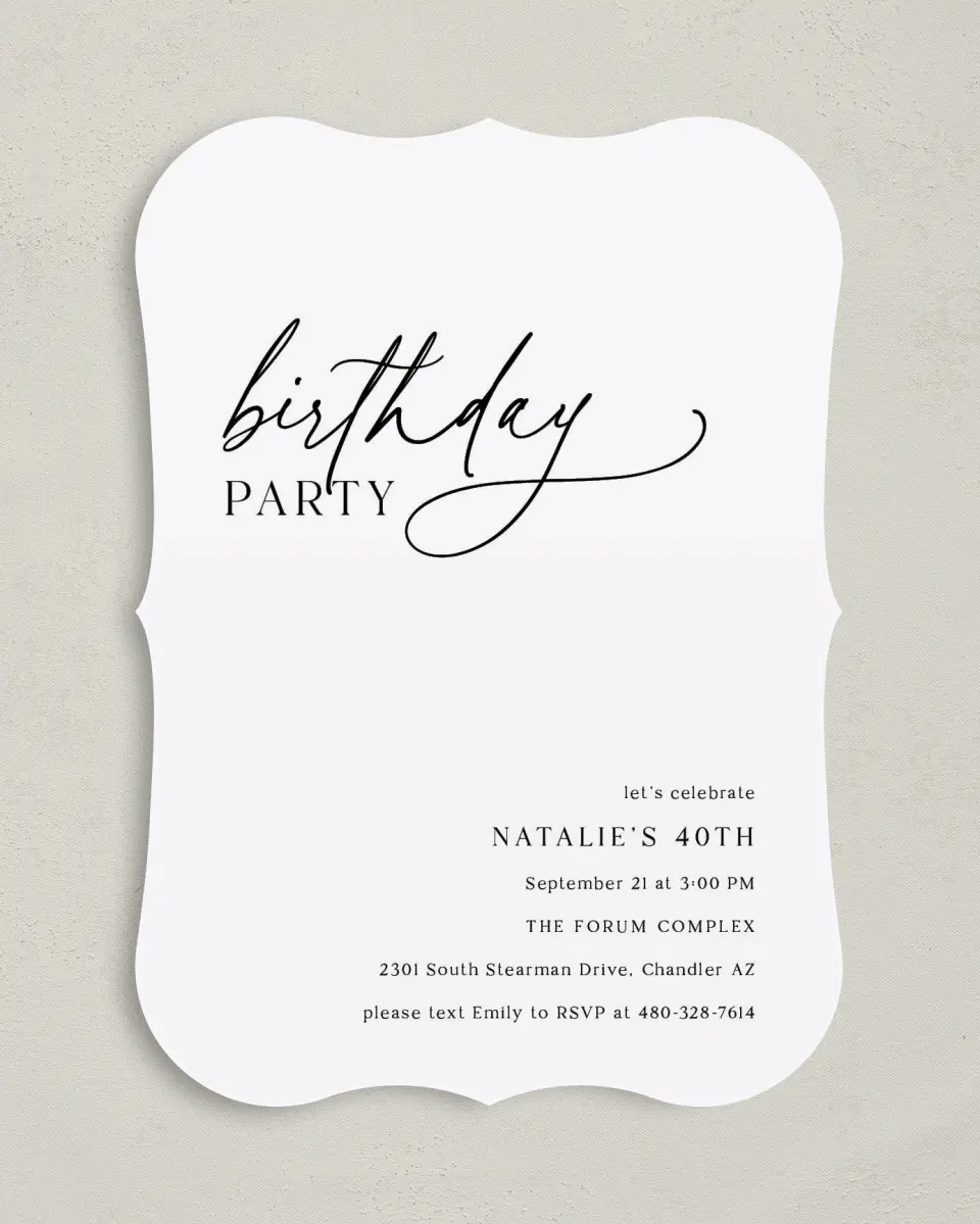 This is a 5" x 7" Birthday Party Invitation called Simply Scripted printed in full color with Gold foil on Luxe Satin (coated) paper