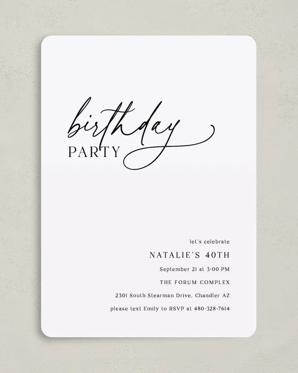 This is a 5" x 7" Birthday Party Invitation called Simply Scripted printed in full color with Gold foil on Luxe Satin (coated) paper