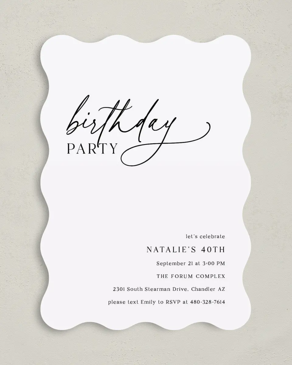 This is a 5" x 7" Birthday Party Invitation called Simply Scripted printed in full color on Premium Smooth paper