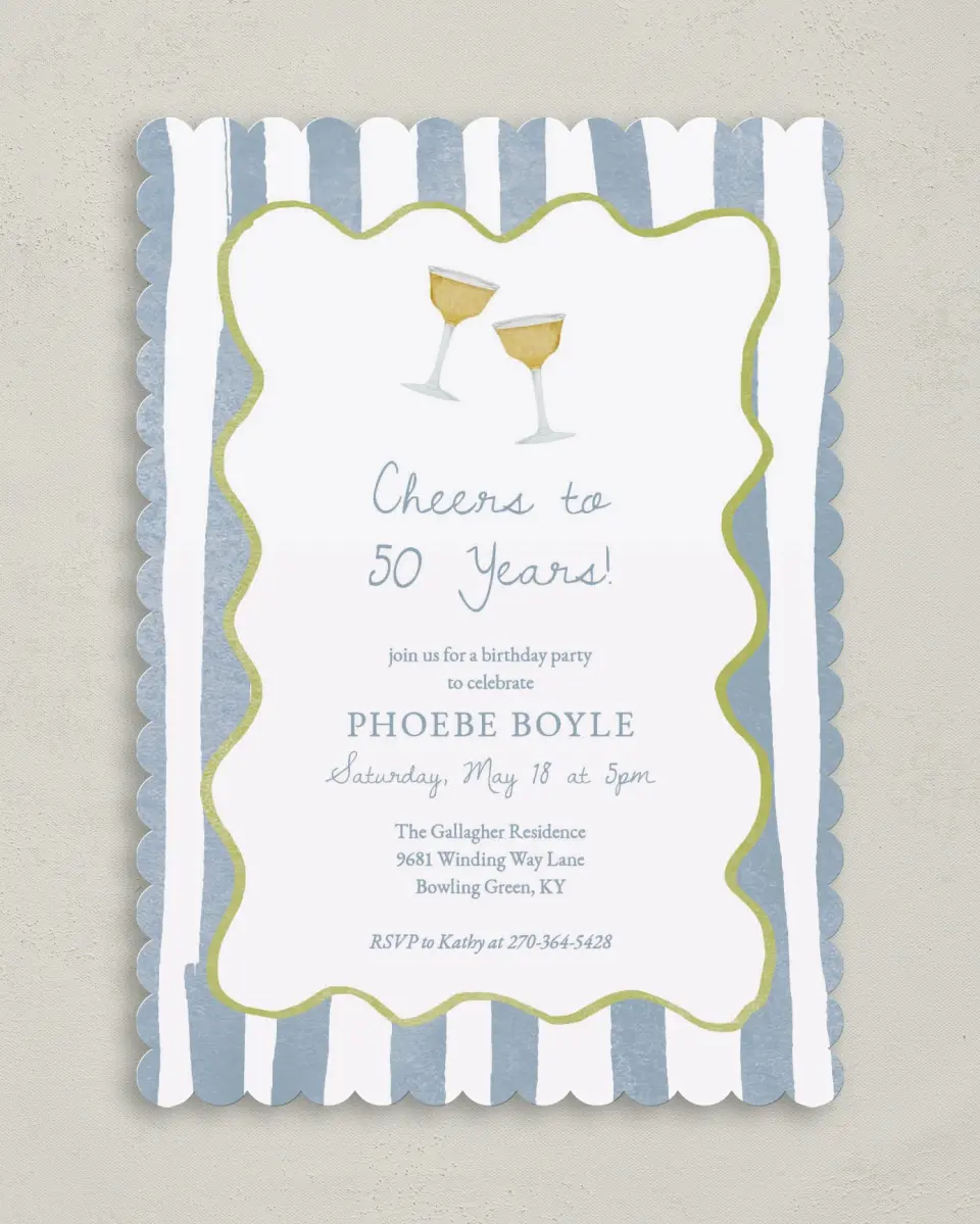This is a 5" x 7" Birthday Party Invitation called Years of Cheers printed in full color on Premium Smooth paper