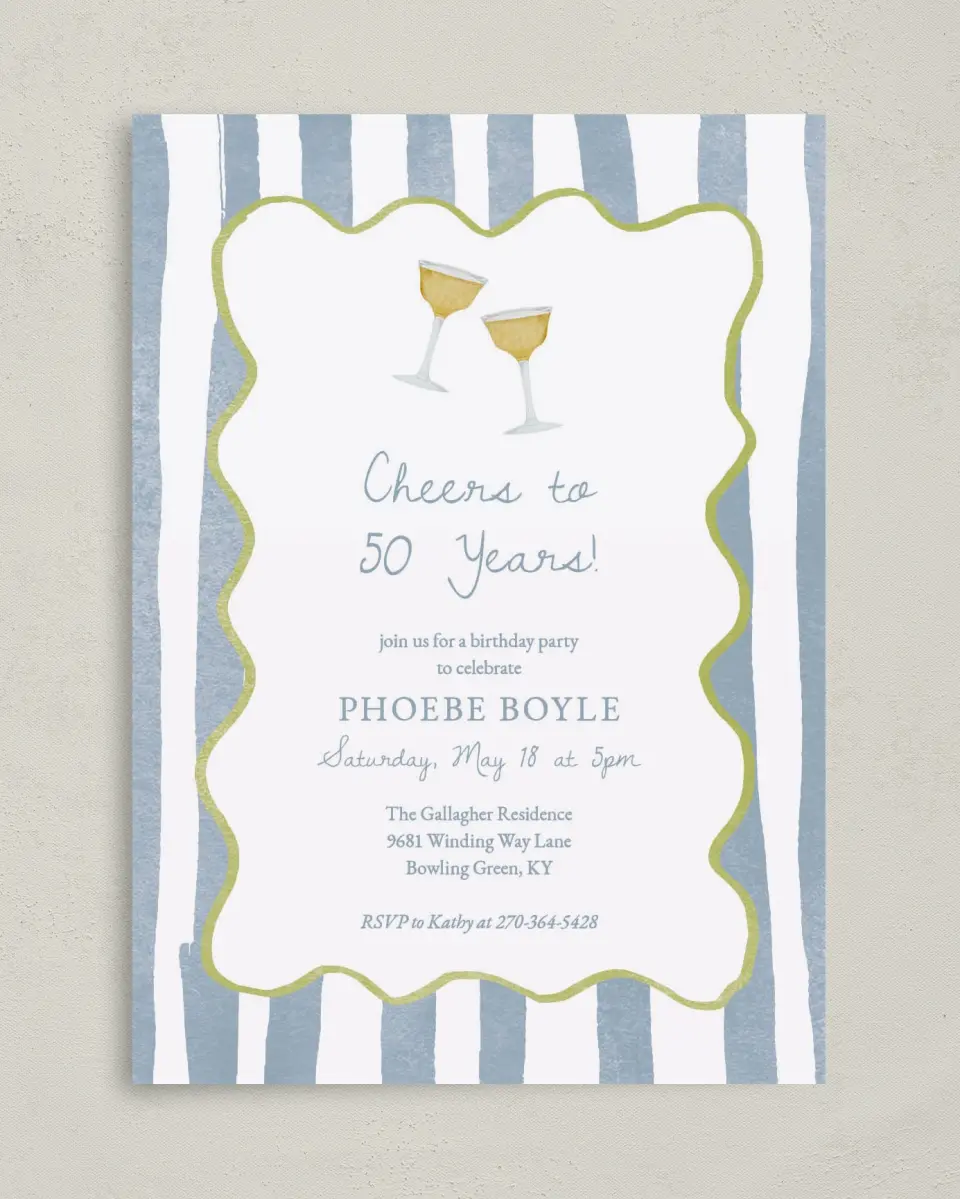 This is a 5" x 7" Birthday Party Invitation called Years of Cheers printed in full color on Premium Smooth paper