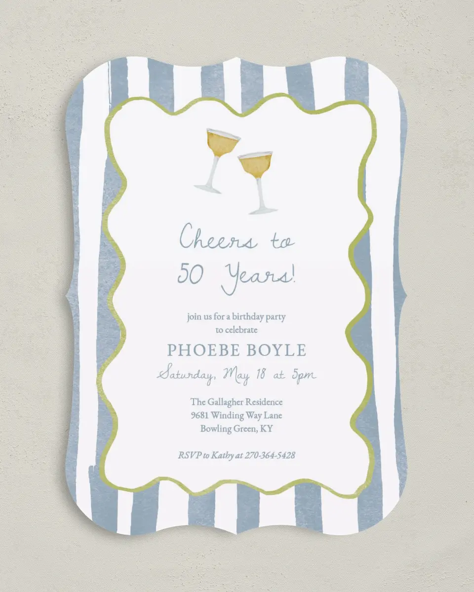 This is a 5" x 7" Birthday Party Invitation called Years of Cheers printed in full color with Gold foil on Luxe Satin (coated) paper