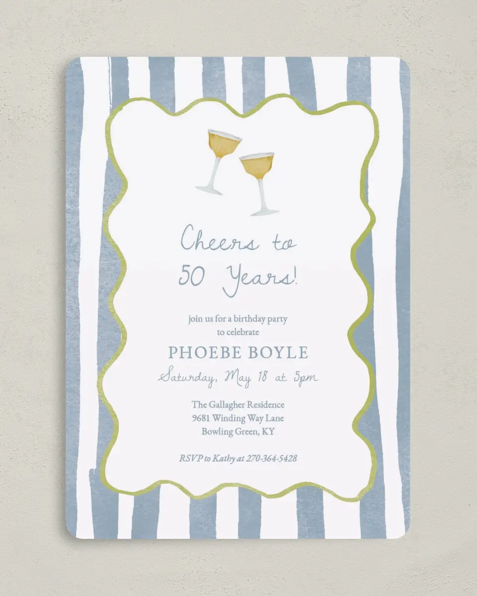 This is a 5" x 7" Birthday Party Invitation called Years of Cheers printed in full color with Gold foil on Luxe Satin (coated) paper