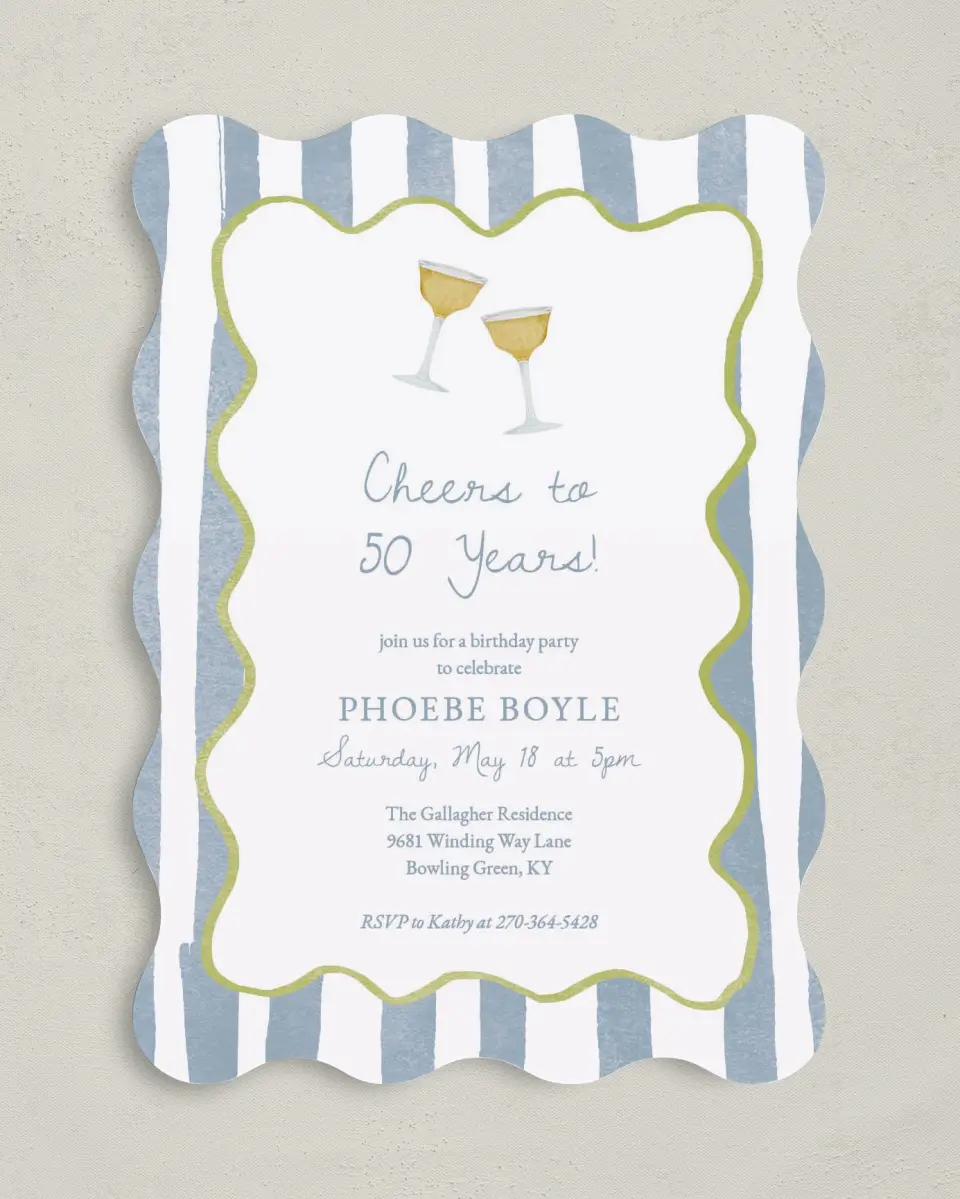 This is a 5" x 7" Birthday Party Invitation called Years of Cheers printed in full color on Premium Smooth paper