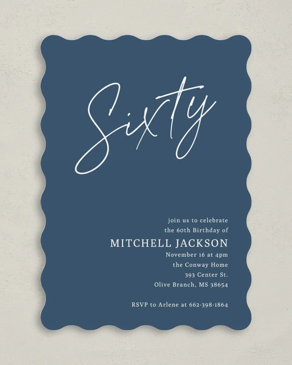 This is a 5" x 7" Birthday Party Invitation called Sleek Script printed in full color on Premium Smooth paper