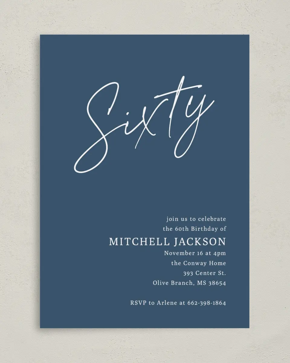 This is a 5" x 7" Birthday Party Invitation called Sleek Script printed in full color on Premium Smooth paper