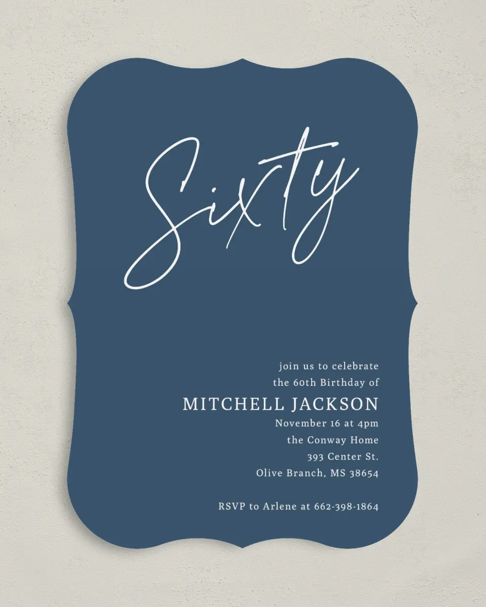 This is a 5" x 7" Birthday Party Invitation called Sleek Script printed in full color with Gold foil on Luxe Satin (coated) paper