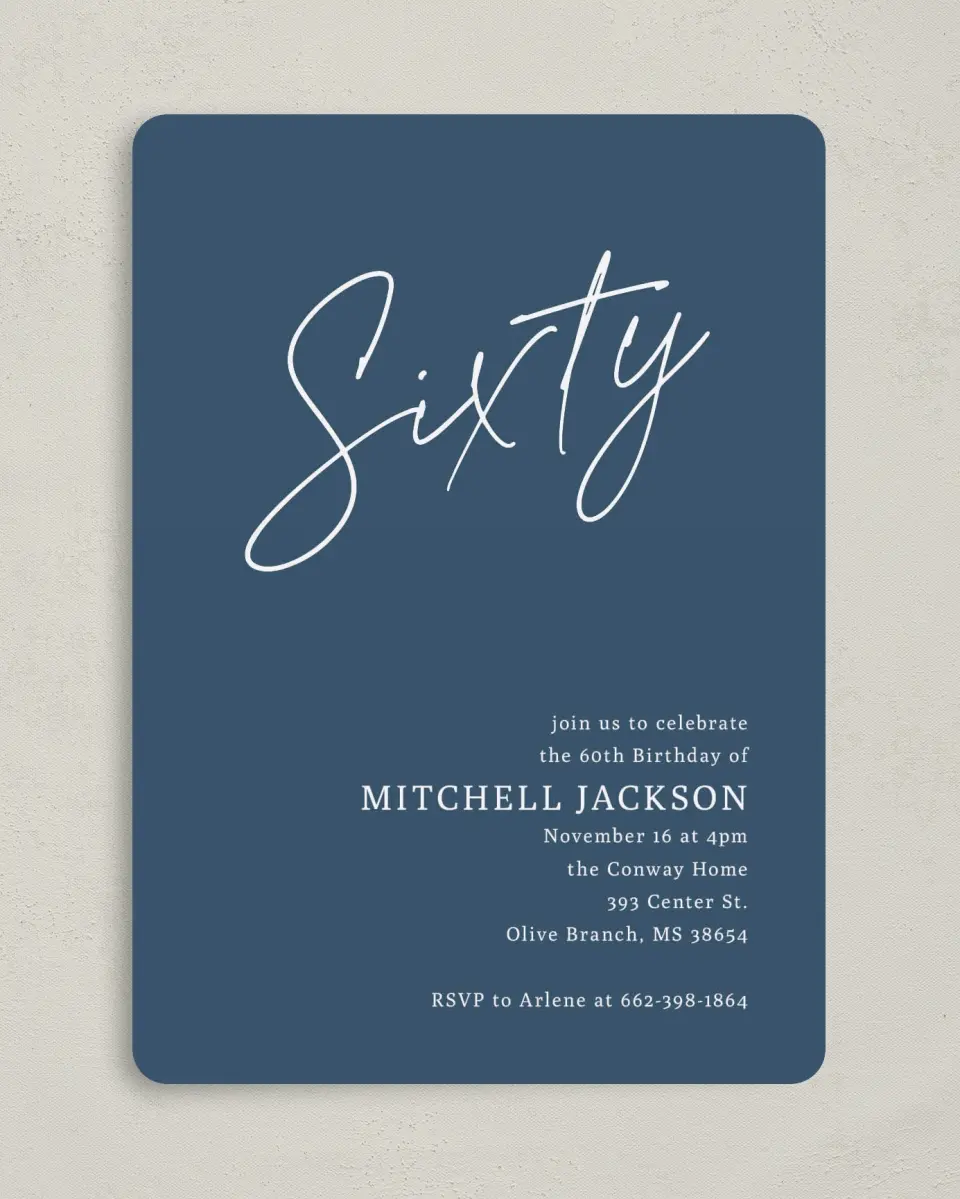 This is a 5" x 7" Birthday Party Invitation called Sleek Script printed in full color with Gold foil on Luxe Satin (coated) paper