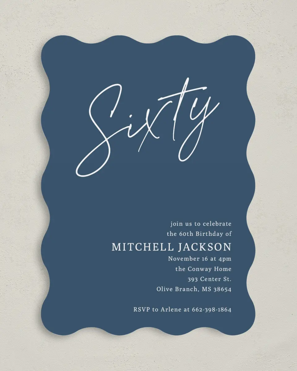 This is a 5" x 7" Birthday Party Invitation called Sleek Script printed in full color on Premium Smooth paper