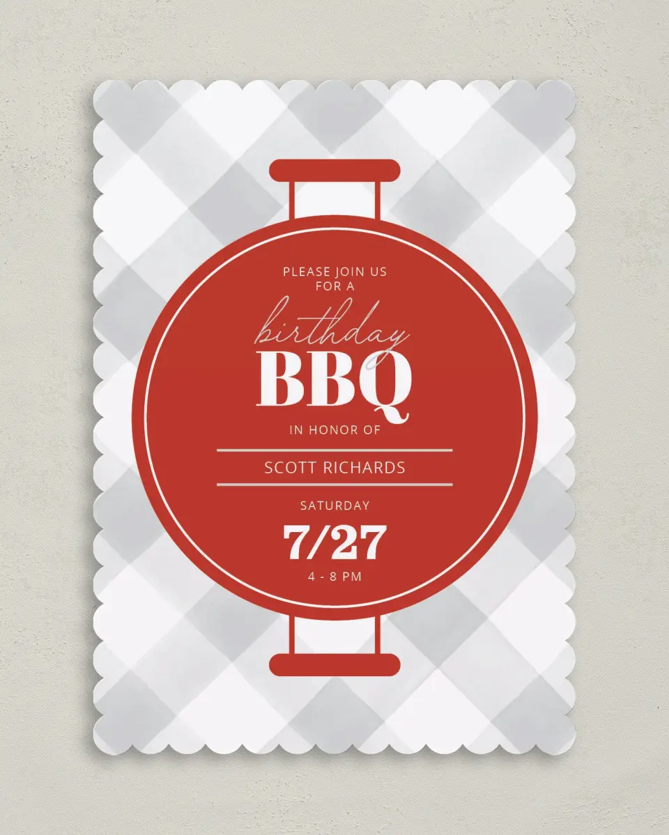 This is a 5" x 7" Birthday Party Invitation called BBQ Bash printed in full color on Premium Smooth paper