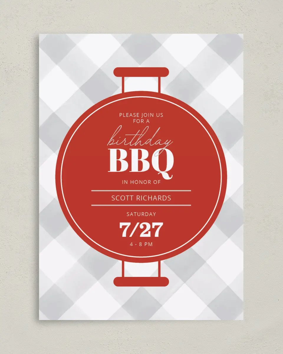 This is a 5" x 7" Birthday Party Invitation called BBQ Bash printed in full color on Premium Smooth paper