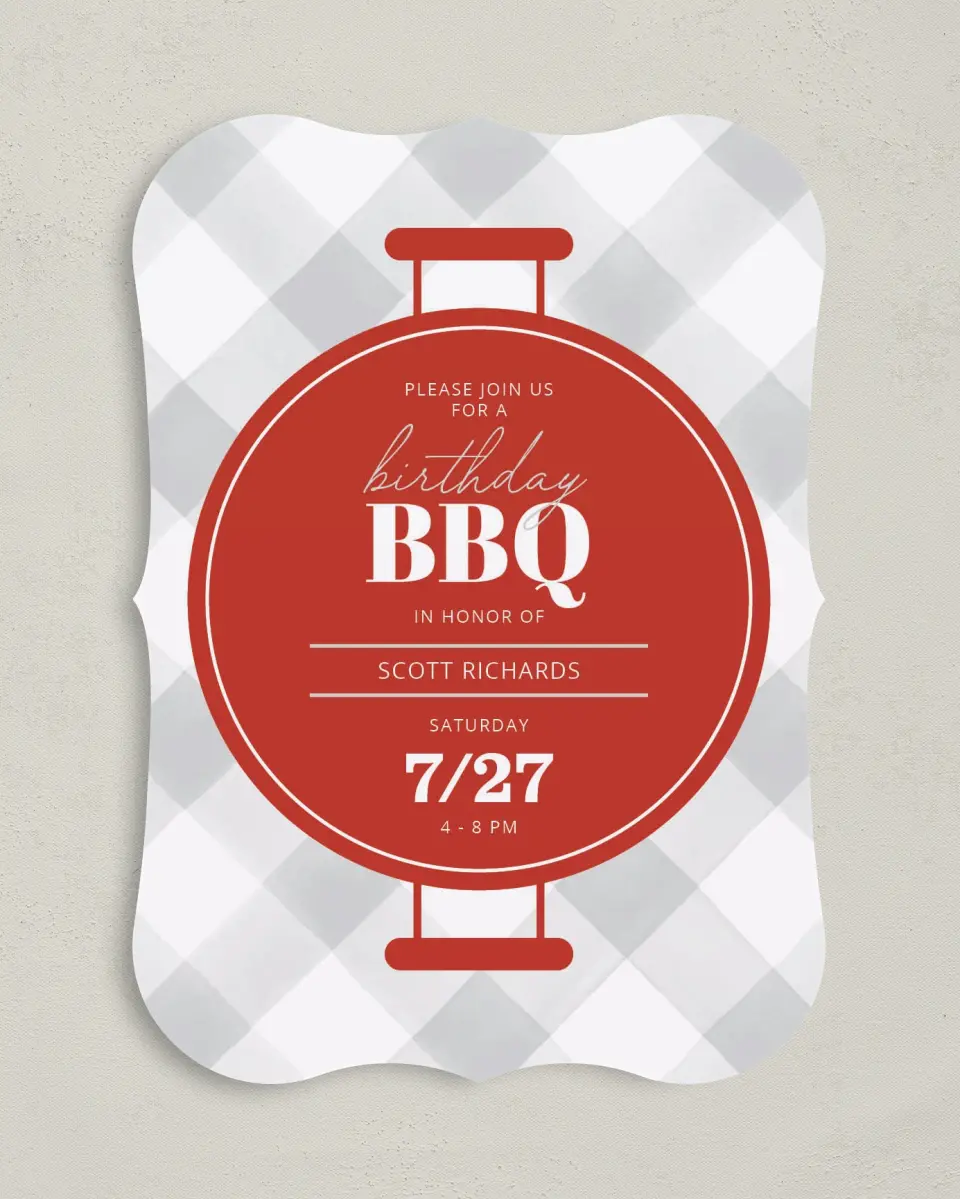This is a 5" x 7" Birthday Party Invitation called BBQ Bash printed in full color with Gold foil on Luxe Satin (coated) paper